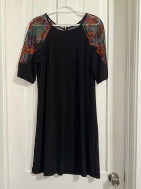 Women’s Gabby Skye size 16 Black Dress with Colorful Floral Mesh Shoulders